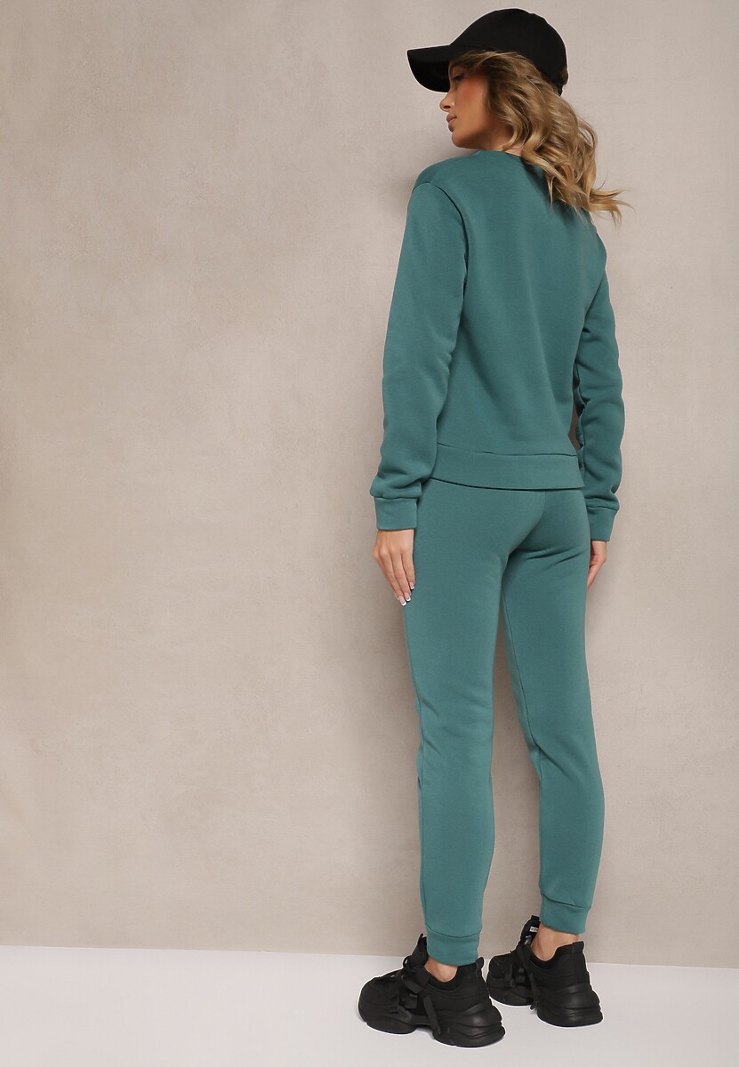 Zielony Ocieplany Komplet Dresowy z Bawełny Zdobiony Cyrkoniami Bluza i Spodnie z Gumką Nelionis