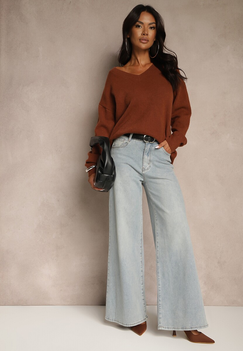 Brązowy Sweter z Wiskozy Oversize Conime