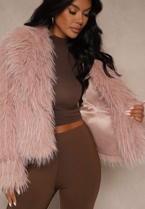 Różowa Kurtka Futerko Ozdobione Długim Włosiem Cardassa