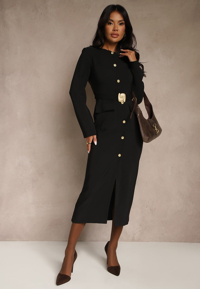 Czarna Taliowana Sukienka z Eleganckimi Guzikami i Metaliczną Klamrą Espedia