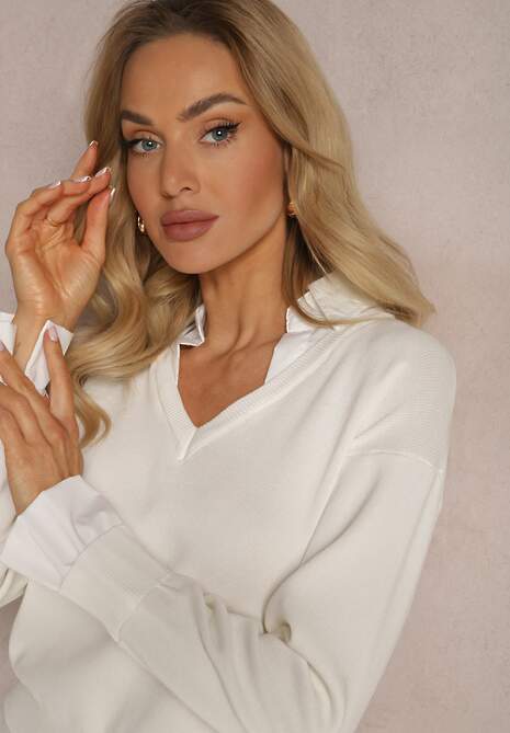 Biały Sweter z Długimi Rękawami i Koszulową Wstawką z Kołnierzykiem Aptivea