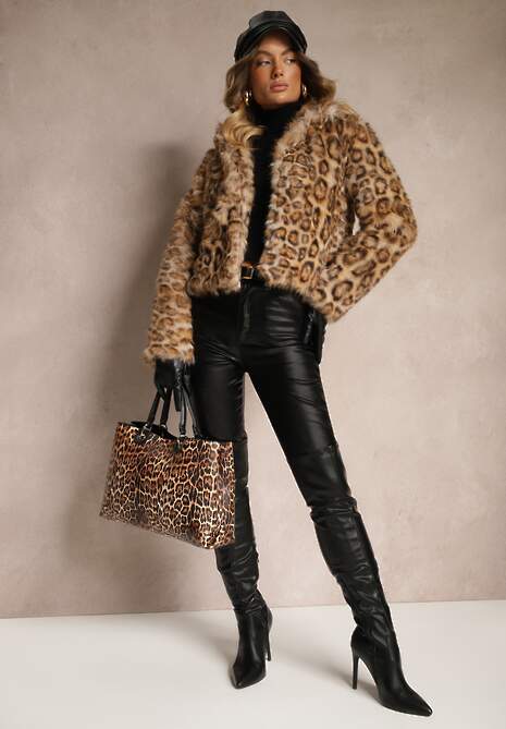 Brązowa Panterkowa Kurtka Futerko z Wiskozą Serintinnia