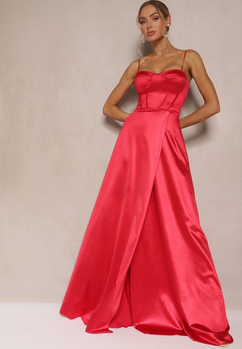 Czerwona Sukienka na Ramiączkach o Rozkloszowanym Kroju z Wiązaniem na Plecach Katirione