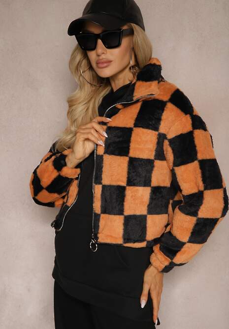 Czarno-Pomarańczowa Kurtka z Futerka Zasuwana z Kołnierzykiem w Kratkę Vitista