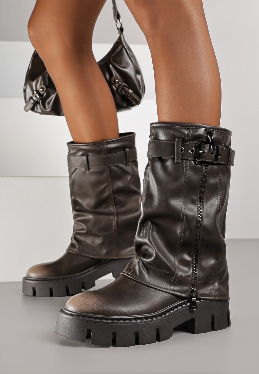 Brązowe Botki Biker Boots z Cholewką Imitującą Nogawkę z Klamerką Veresta