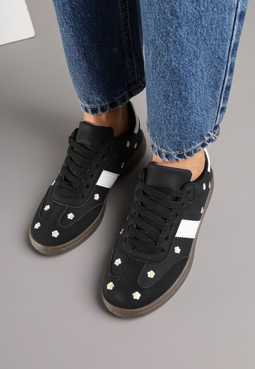 Czarne Sneakersy Tenisówki Ozdobione Kwiatkami Zummine