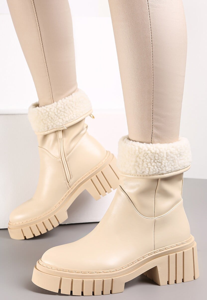 Beżowe Botki na Masywnej Podeszwie z Tłoczeniami Myhrassa