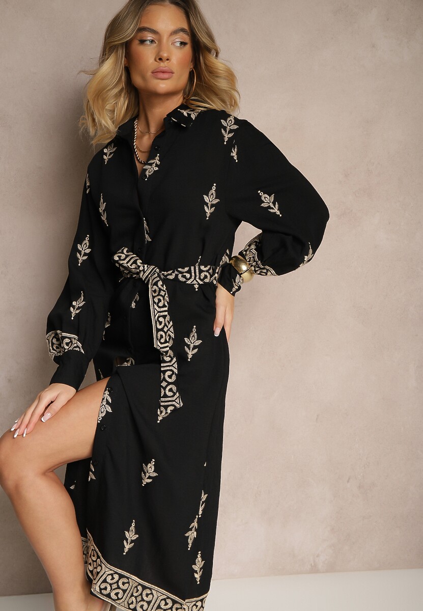 Beżowa Koszulowa Sukienka w Stylu Szmizjerki z Wiskozy Wiązana w Talii Telaniwena