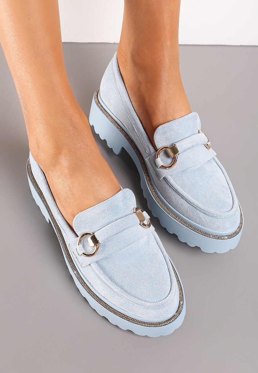 Niebieskie Mokasyny z Cyrkoniami Wokół Podeszwy i Klamrą Rolanissa