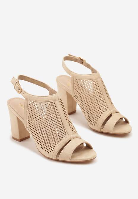 Beżowe Sandały Vices na Słupku z Ażurową Cholewką i Skórzaną Wkładką Saramiae