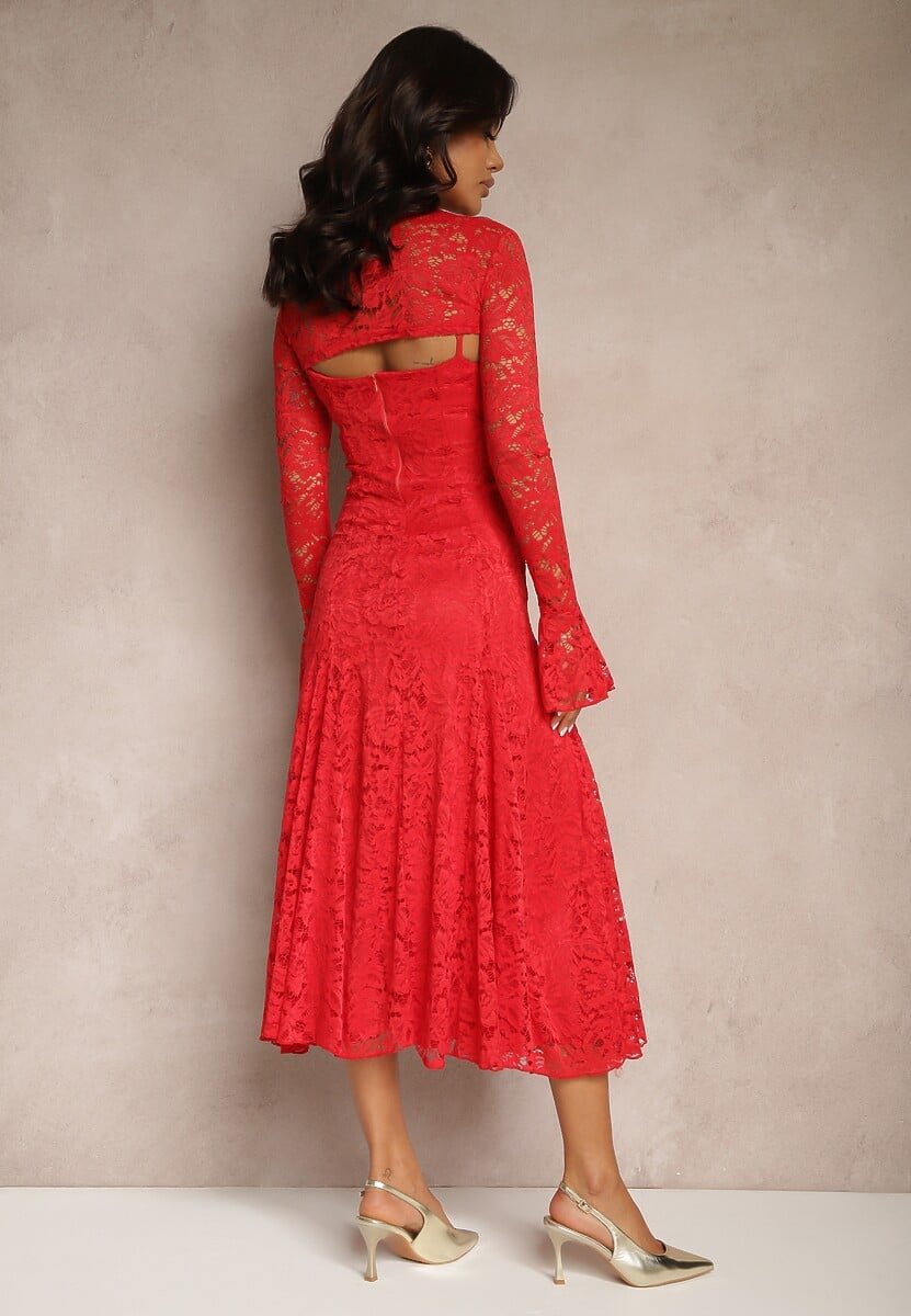 Czerwona Rozkloszowana Sukienka z Koronki z Dodatkowym Bolerkiem Gonavora