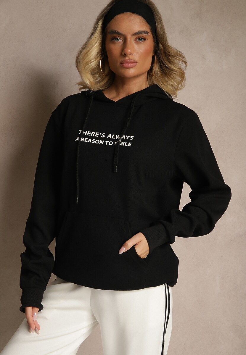 Czarna Bluza z Kapturem Kangurka z Napisem Lunirin