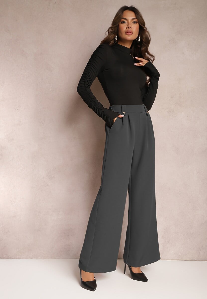 Czarne Eleganckie Spodnie Dzwony z Ozdobnymi Patkami w Pasie Nattas