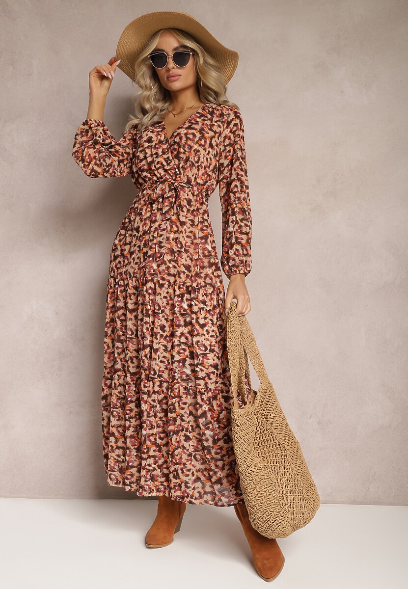 Pomarańczowa Sukienka z Kopertowym Dekoltem w Cętki Irdra