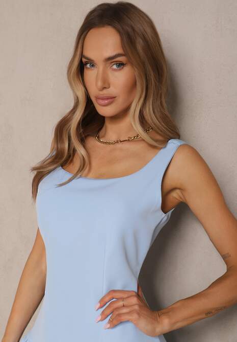 Jasnoniebieska Rozkloszowana Sukienka o Taliowanym Kroju z Plisami Sorviane