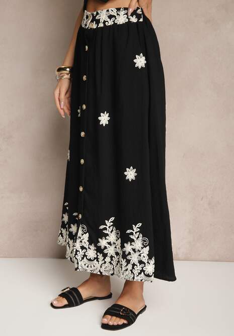 Czarna Rozkloszowana Spódnica z Lnu i Wiskozy Zdobiona Haftem i Guzikami Redira