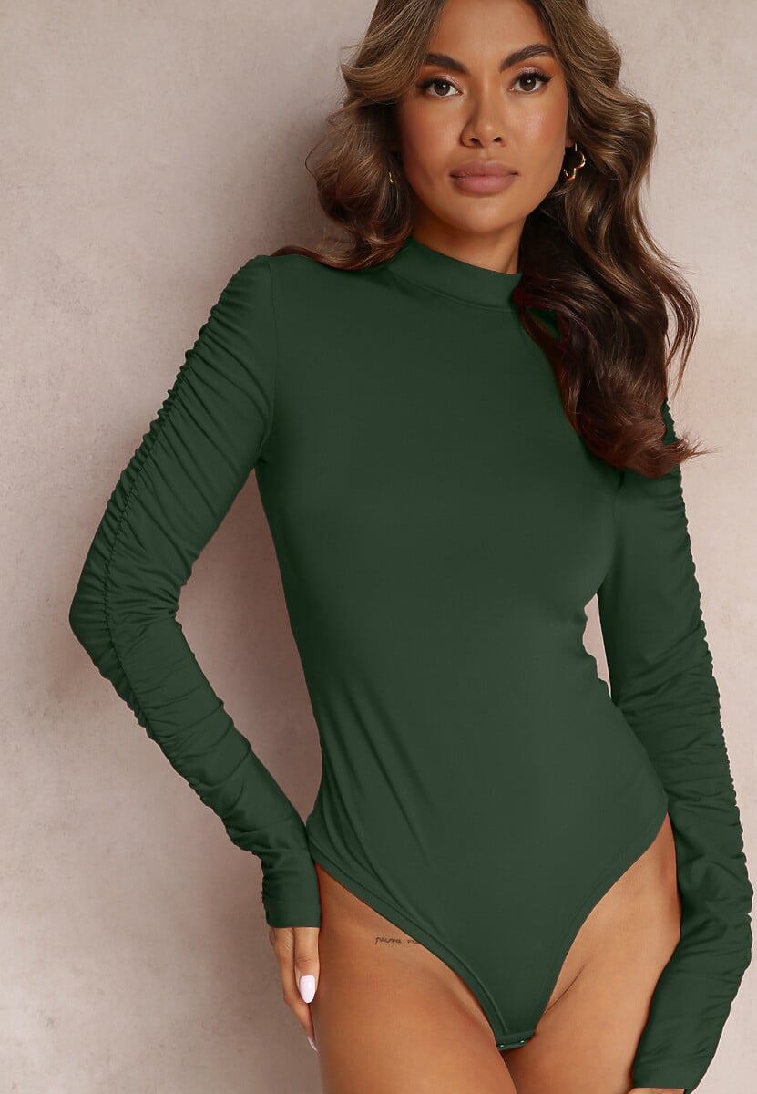 Zielone Body z Długimi Marszczonymi Rękawami Pinna