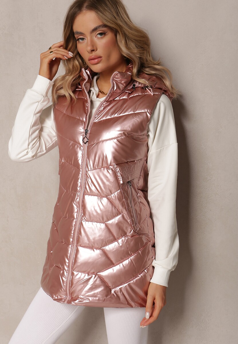 Różowa Kamizelka Bezrękawnik z Kapturem i Ozdobnym Pikowaniem Sieuna