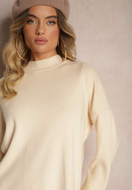 Beżowy Komplet 2-częściowy z Dzianiny z Wiskozą Sweter z Półgolfem i Spodnie z Gumką Firiala