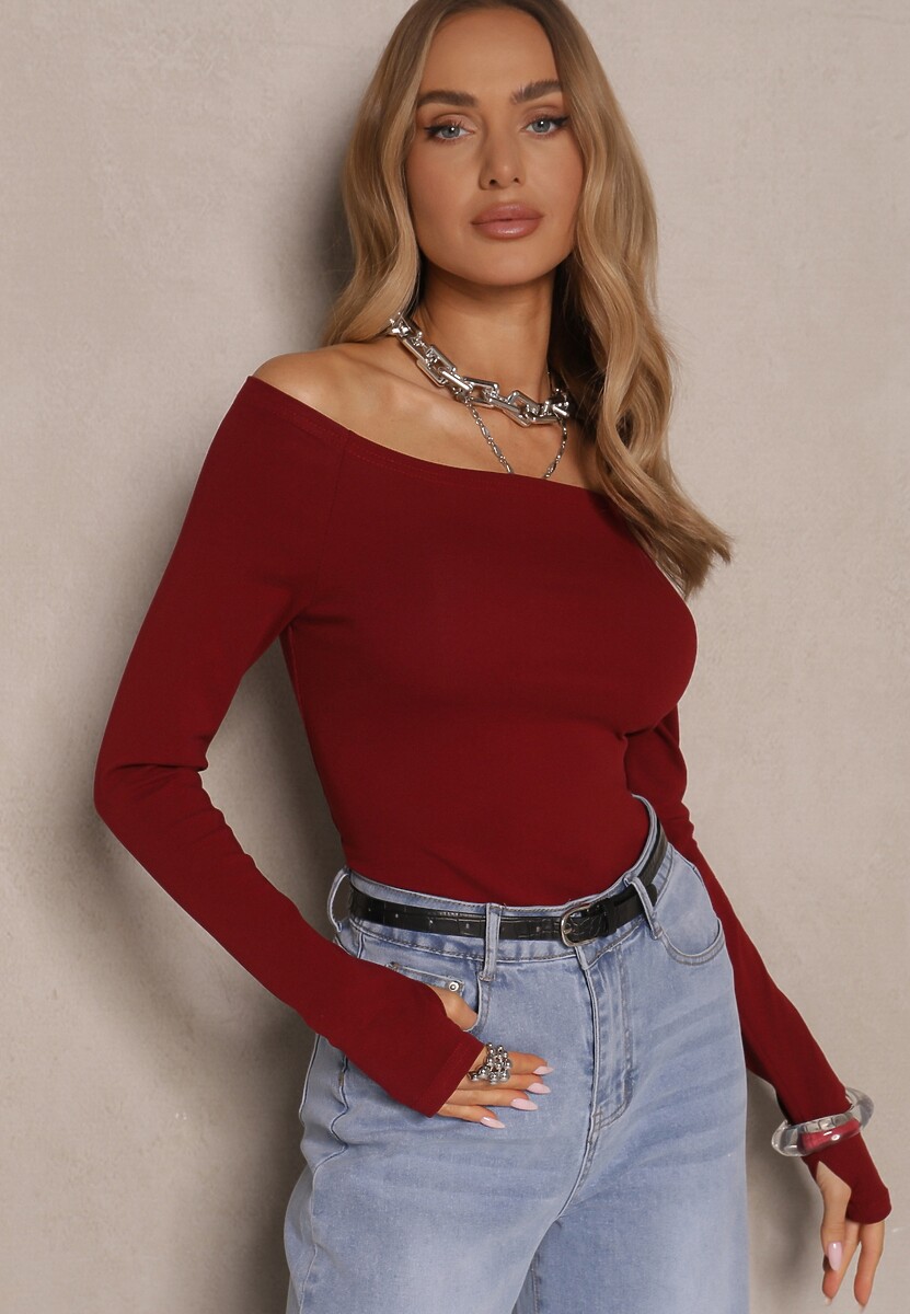 Bordowa Bluzka z Bawełny z Wycięciem na Kciuk Valwiwi