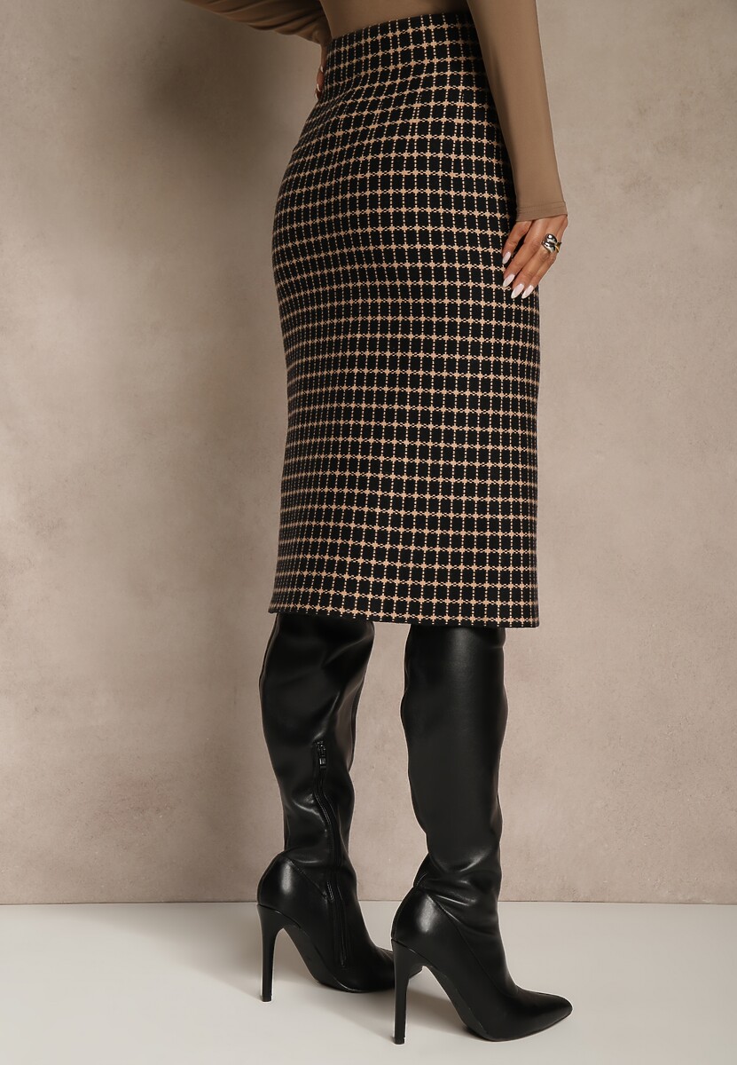 Czarno-Beżowa Tweedowa Spódnica Ołówkowa w Kratę z Guzikami Aretusa