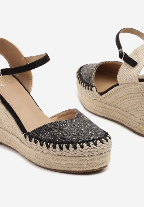 Czarne Sandały na Koturnie w Typie Espadryli Ozdobione Plecionką Akiora