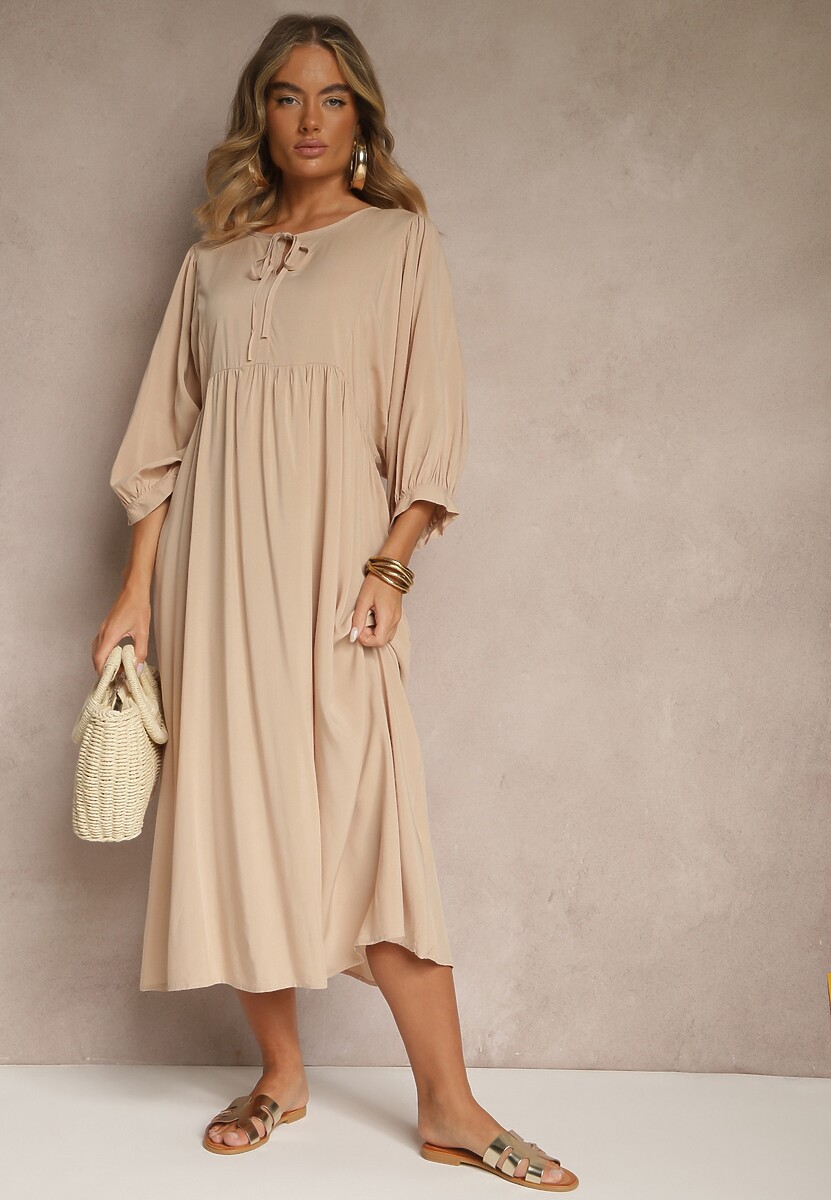 Beżowa Wiskozowa Sukienka o Rozkloszowanym Kroju Wiązana przy Dekolcie Tilvessa