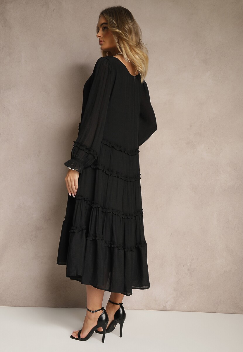 Czarna Bawełniana Sukienka z Ozdobnymi Falbankami Eranisa
