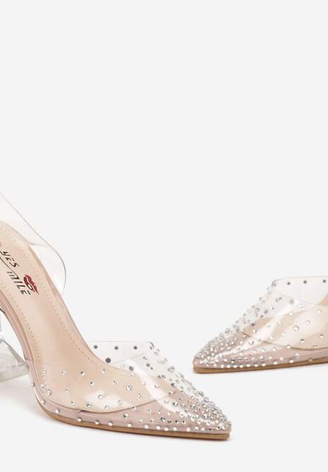 Beżowe Sandały z Transparentną Cholewką Ozdobioną Cyrkoniami na Geometrycznym Obcasie Cedrella