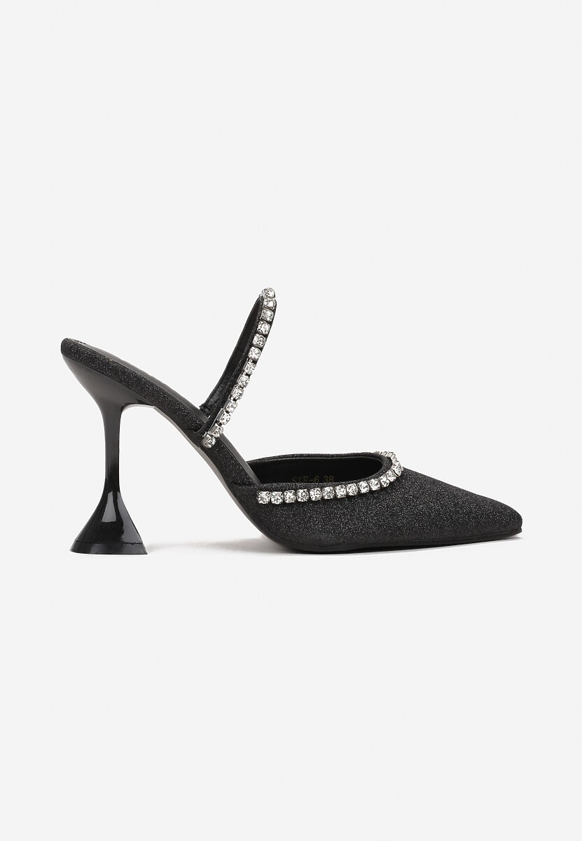 Czarne Brokatowe Klapki na Klepsydrze z Ozdobnymi Paskami z Cyrkoniami Jesssoft