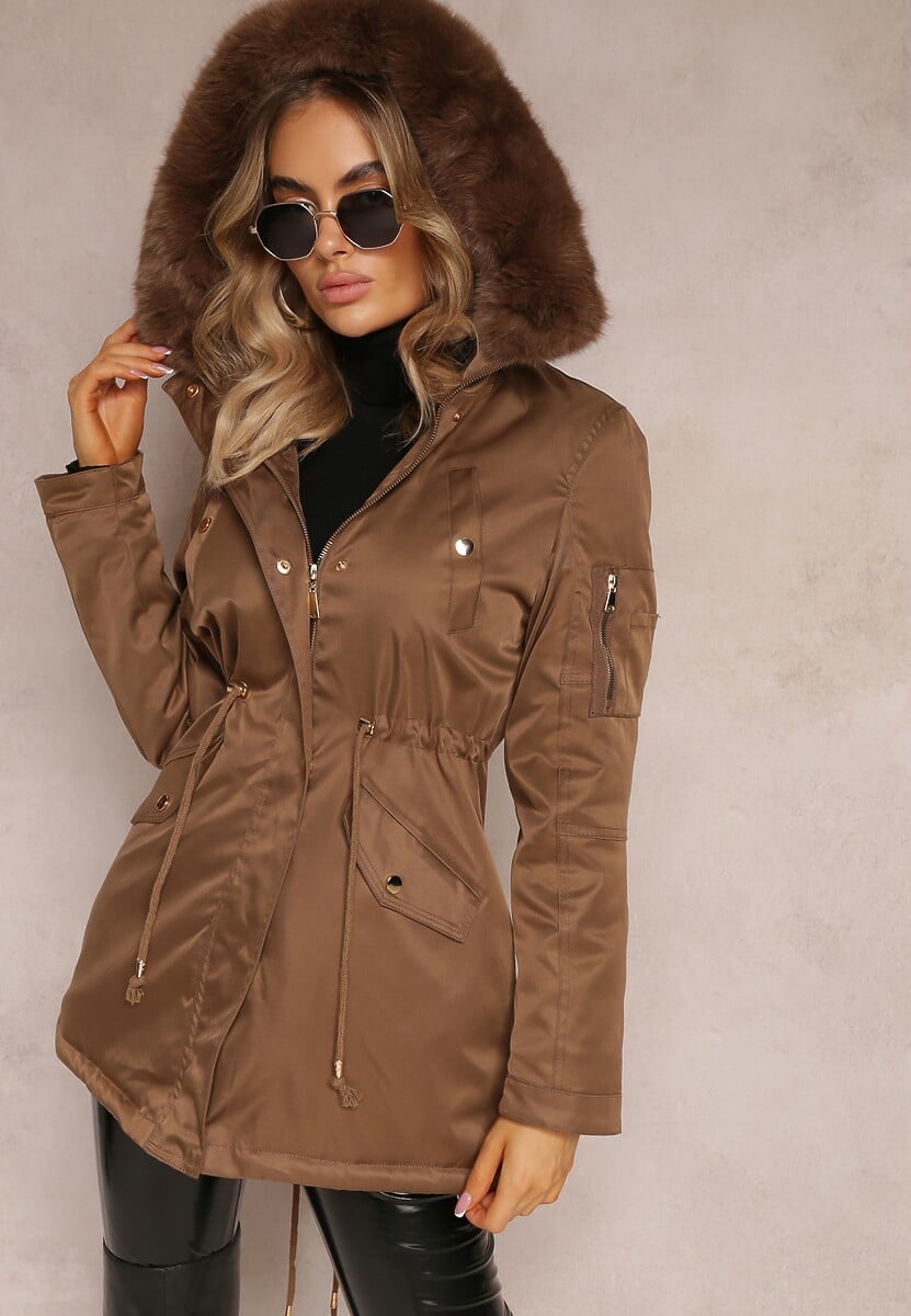 Brązowa Kurtka Parka z Kapturem i Ozdobnym Futerkiem Dioneta