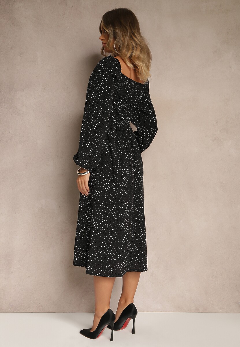 Czarna Rozkloszowana Sukienka Midi w Kropki z Hiszpańskim Dekoltem Lusena