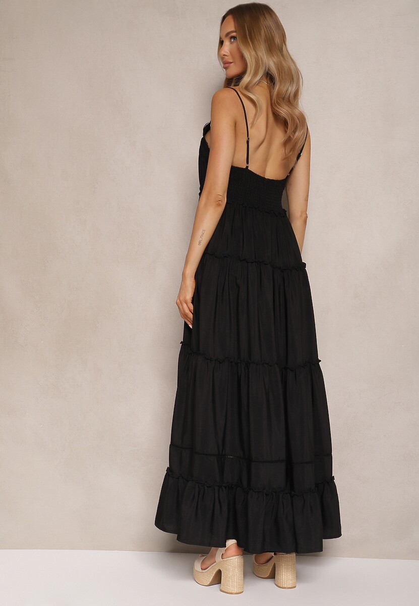 Czarna Rozkloszowana Sukienka na Cienkich Ramiączkach z Wiskozy i Bawełny Mimilia