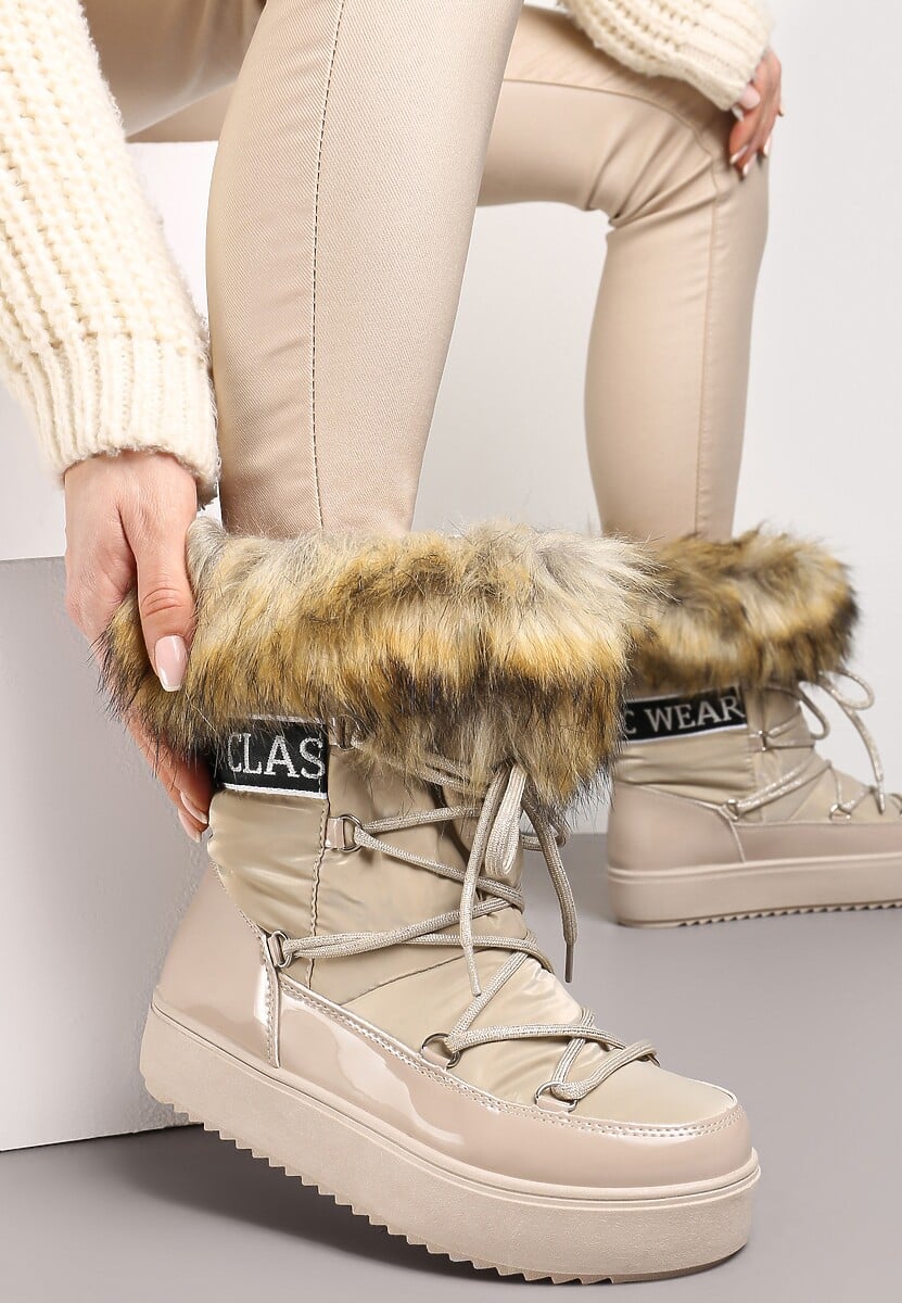 Ciemnobeżowe Sznurowane Śniegowce na Platformie z Ozdobnym Futerkiem i Napisem Bressi