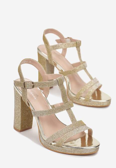 Złote Sandały z Cienkimi Brokatowymi Paskami na Słupku Trephone