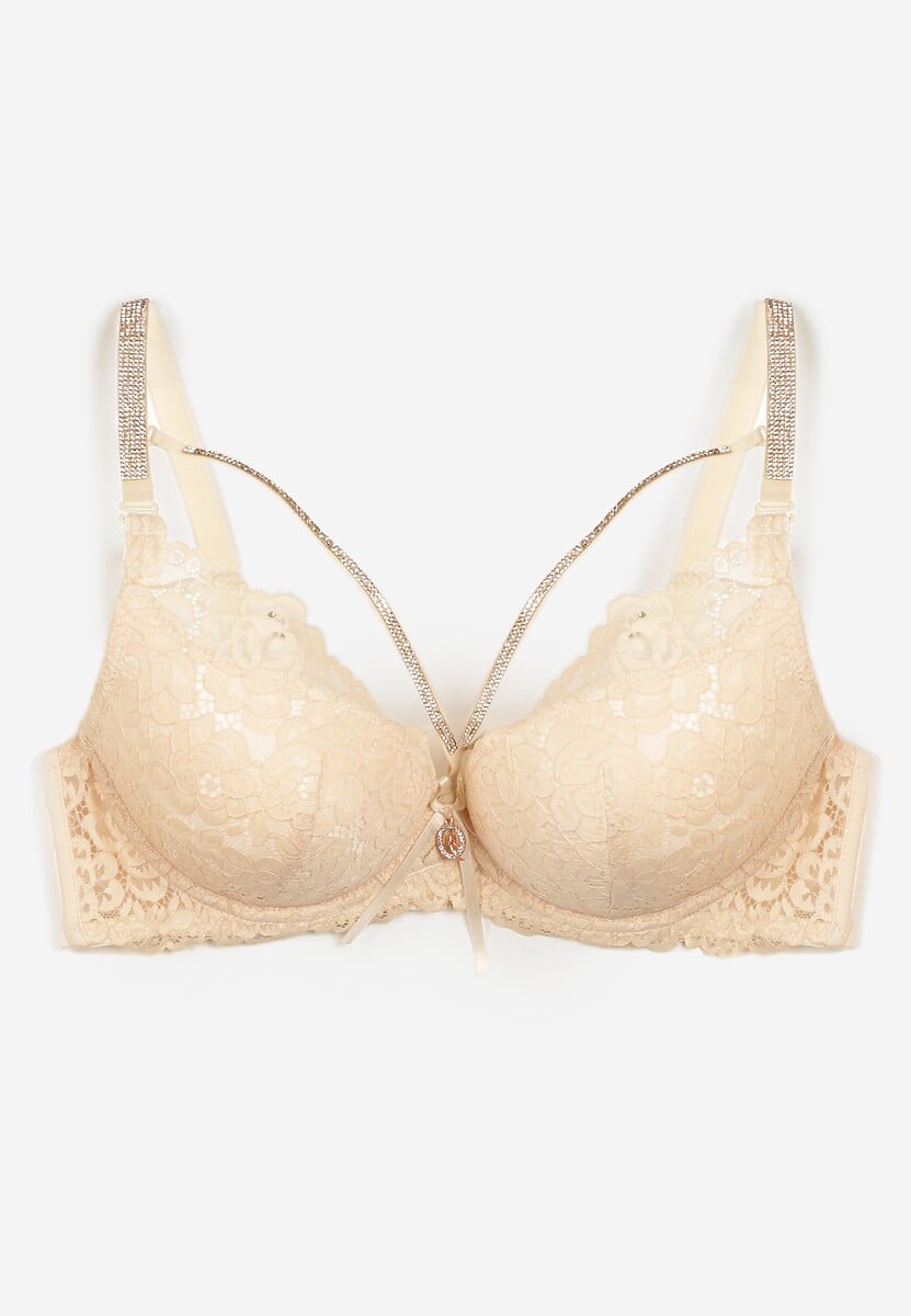 Jasnobeżowy Koronkowy Biustonosz z Cyrkoniami i Efektem Push-Up Ivantia