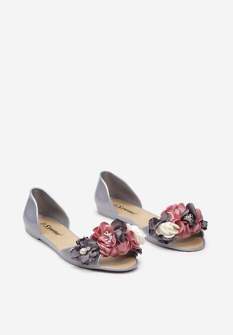 Szare Otwarte Balerinki z Aplikacją z Kwiatami Anlofi