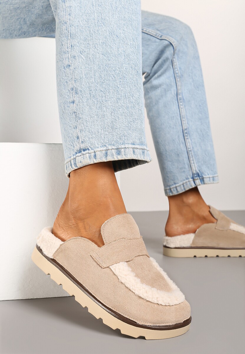 Ciemnobeżowe Kapcie na Płaskiej Podeszwie z Futerkiem i Paskiem Niaviera