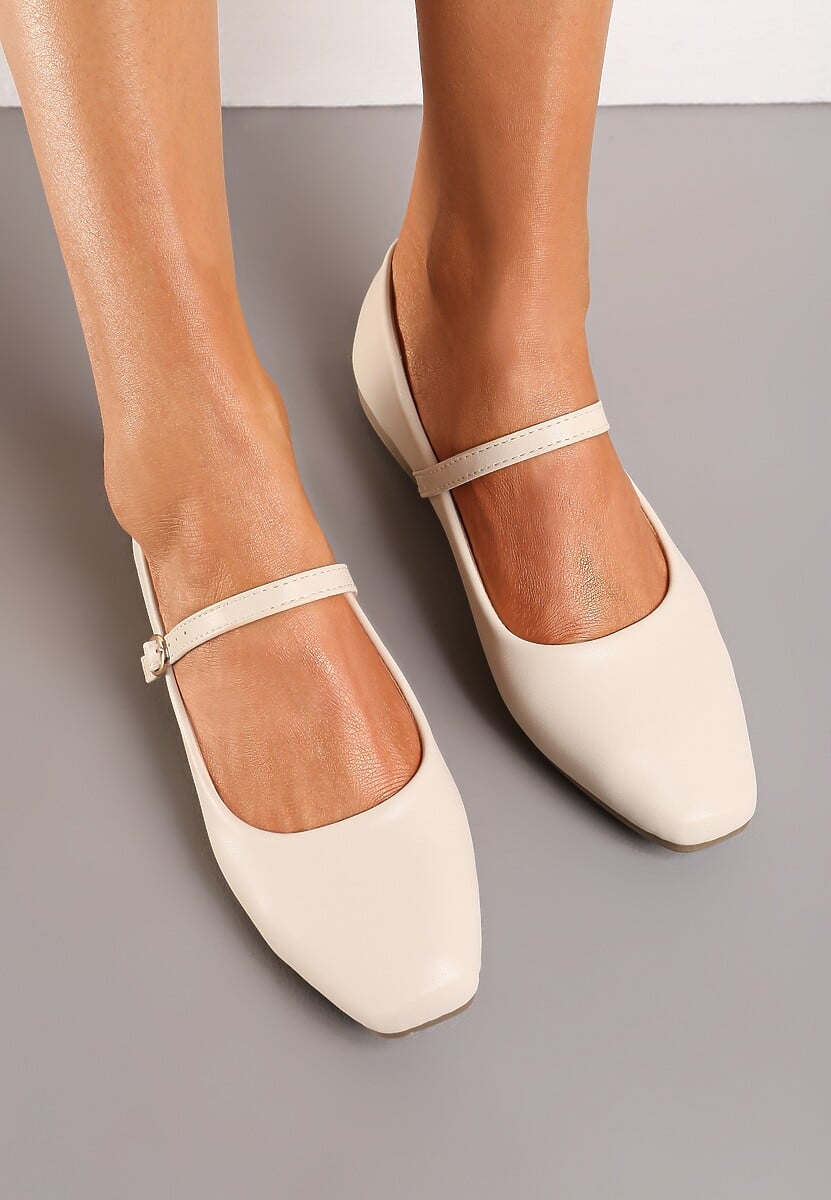 Beżowe Balerinki z Paskiem i Smukłym Kwadratowym Noskiem Rosafay