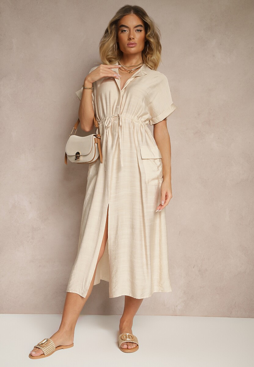 Beżowa Sukienka z Wiskozą o Koszulowym Kroju z Wiązaniem w Pasie Pollivia