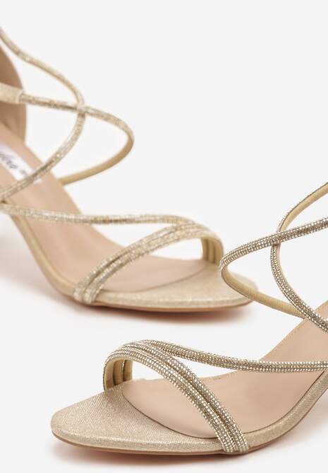 Złote Sandały na Słupku z Cyrkoniami i Brokatem Silanelle