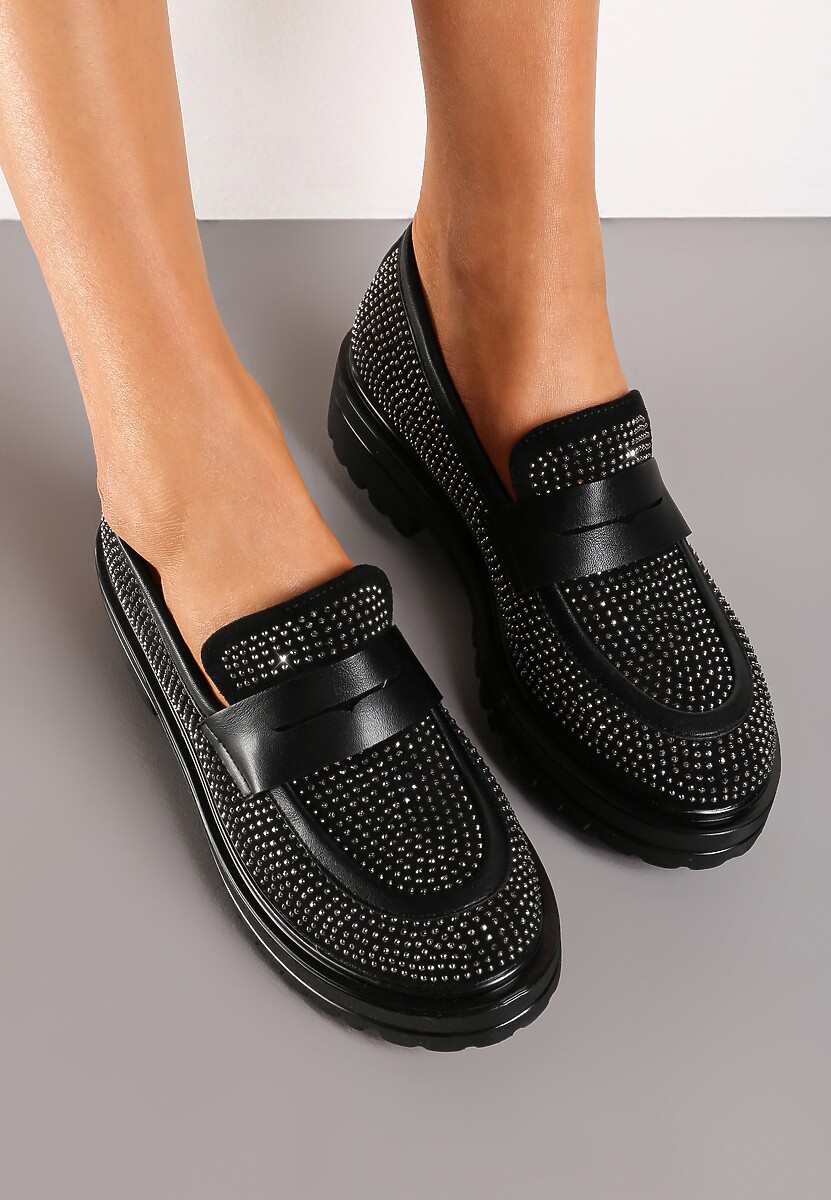 Czarne Mokasyny z Cyrkoniami na Grubej Podeszwie Veliomena