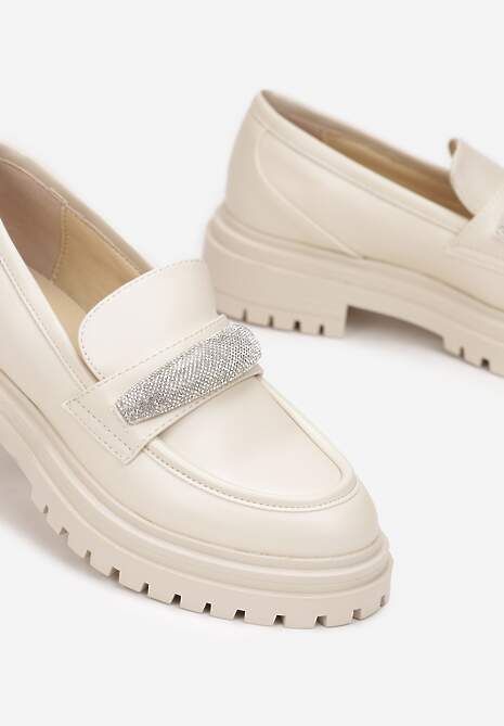 Beżowe Mokasyny na Grubej Podeszwie z Ozdobą z Cyrkonii Neosa