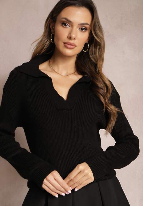 Czarny Sweter z Dekoltem w Serek i Kołnierzykiem Benioza