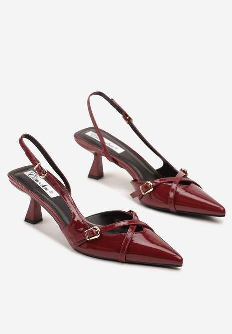 Bordowo-Czerwone Sandały Slingback na Kaczuszce ze Szpiczastym Noskiem ze Sprzączkami Deyline