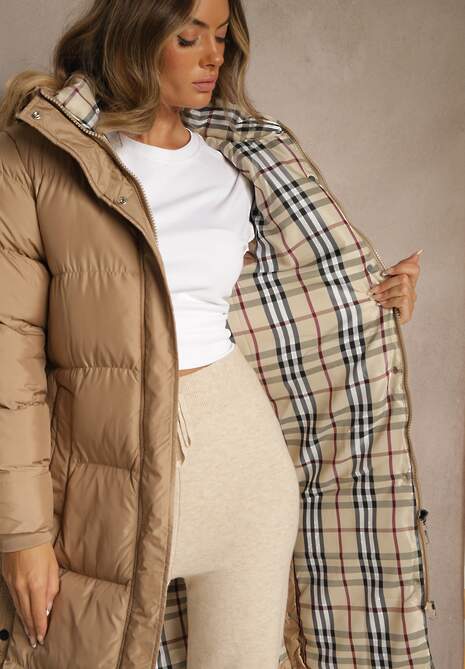 Ciemnobeżowa Kurtka z Pikowanymi Przeszyciami o Długim Fasonie z Kapturem Gineffa