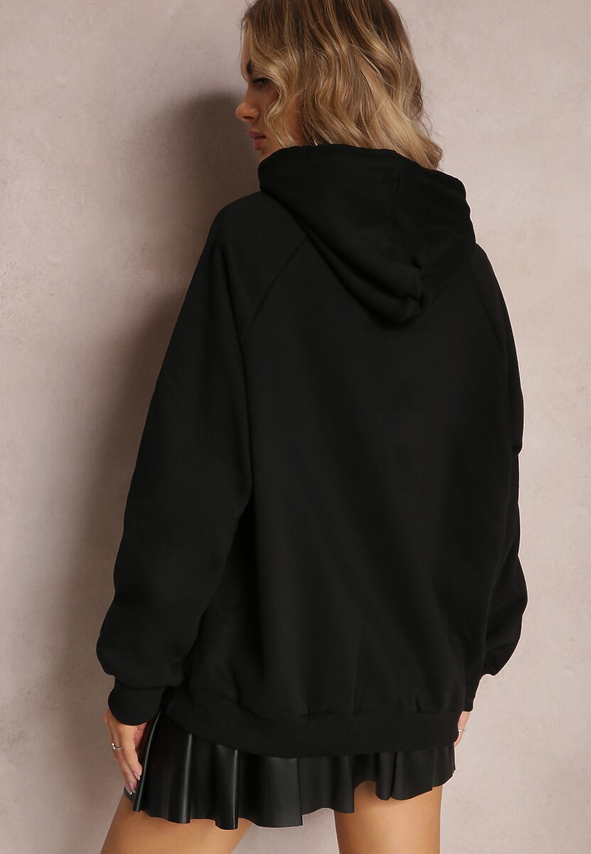 Czarna Bluza o Fasonie Kangurki Ozdobiona Napisem Taron