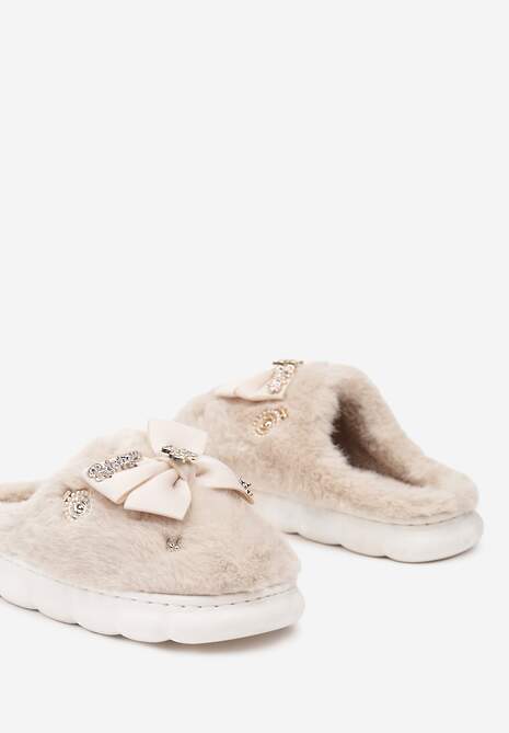 Ciemnobeżowe Kapcie na Płaskiej Podeszwie z Futerkiem Kokardą i Cyrkoniami Mianoria