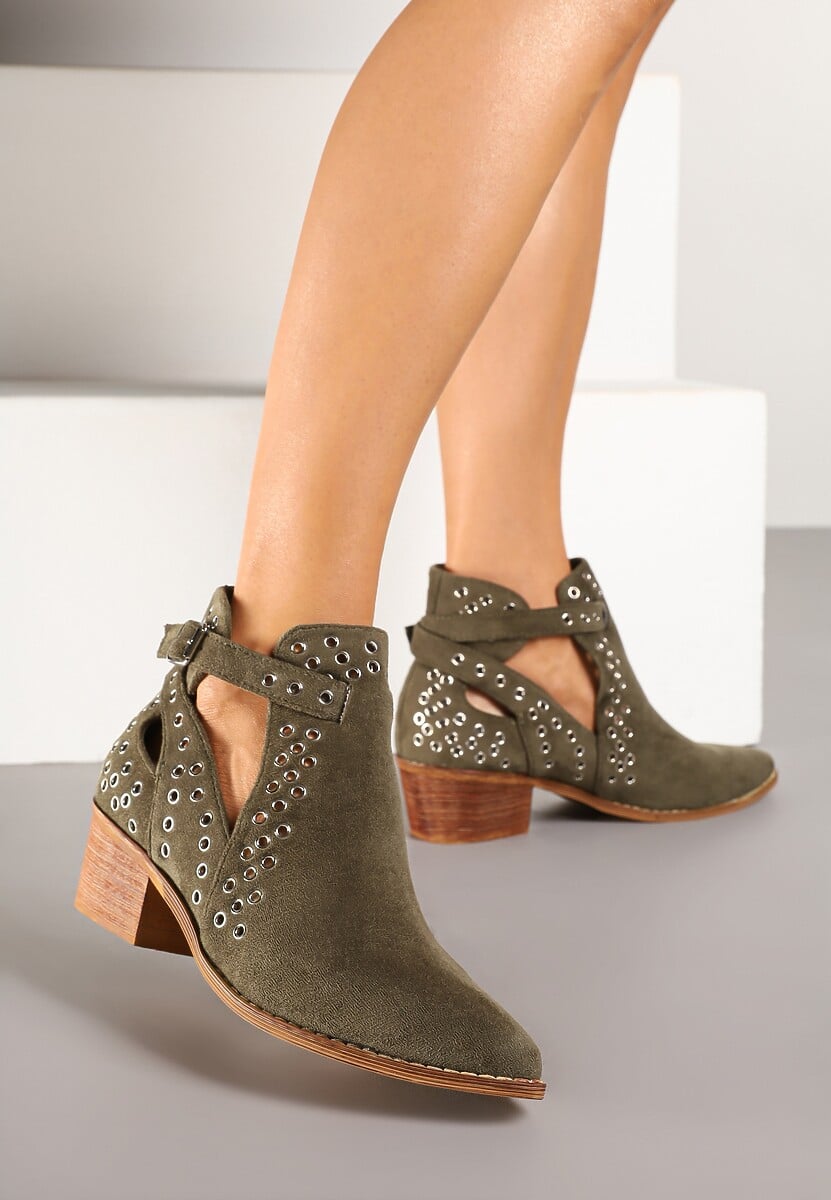 Zielone Botki Vices na Słupku w Stylu Kowbojek z Metalicznymi Aplikacjami i Wycięciami Virori