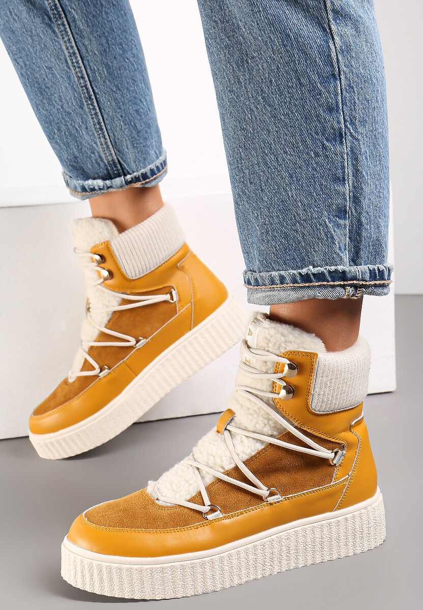 Brązowe Traperki Skórzane Sznurowane na Platformie Yamo